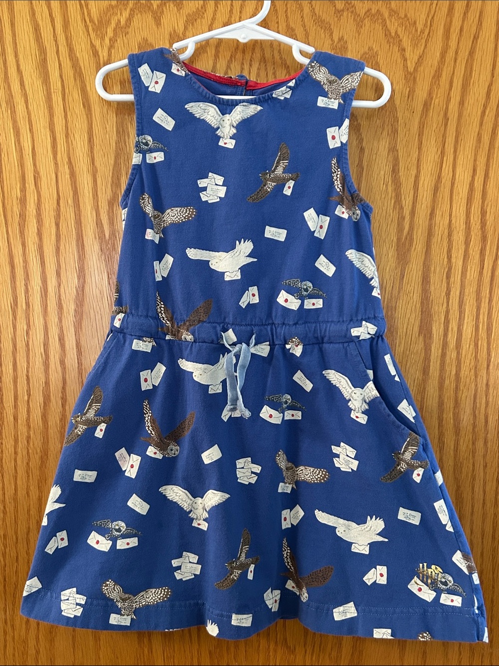 Mini Boden x Harry Potter Girls Navy Owl & Mail Print Drawstring Dress Sz 5-6